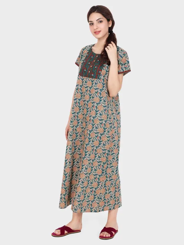Evolove_Women's_Teal_Green_Cotton_Floral_Printed_Button_Down_Long_Nighty_|_Soft_Breathable_Floral_Printed_Full_Length_Night_Gown_with_Contrast_Patch_Yoke_|_Comfortable_Sleepwear_&_Home_Wear_|_Coconut_Buttons