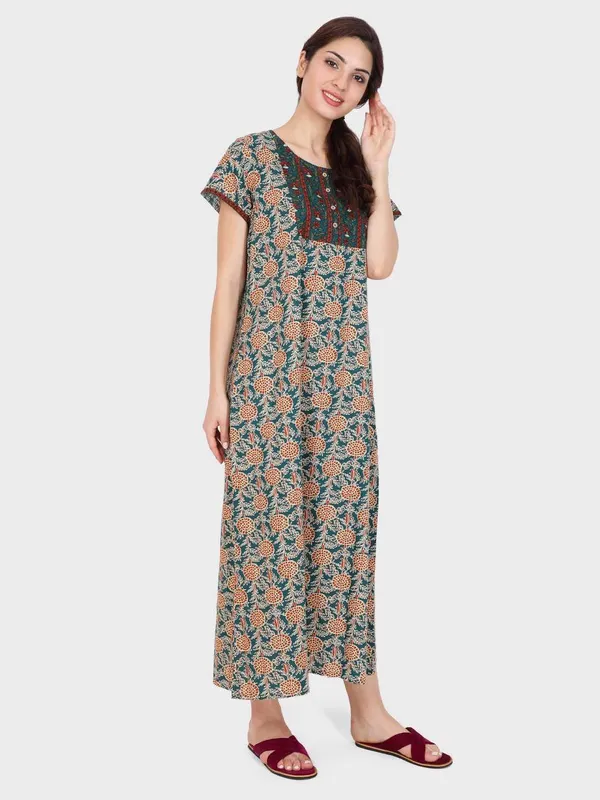 Evolove_Women's_Teal_Green_Cotton_Floral_Printed_Button_Down_Long_Nighty_|_Soft_Breathable_Floral_Printed_Full_Length_Night_Gown_with_Contrast_Patch_Yoke_|_Comfortable_Sleepwear_&_Home_Wear_|_Coconut_Buttons