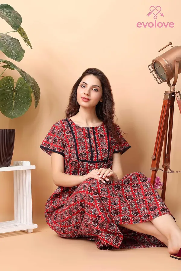 Evolove_Women's_Dark_Red_100%_Cotton_Printed_Button_Down_Long_Nighty_|_Soft_Breathable_Floral_Printed_Full_Length_Night_Gown_with_Yoke_Piping_|_Comfortable_Sleepwear_&_Home_Wear_|_Coconut_Buttons