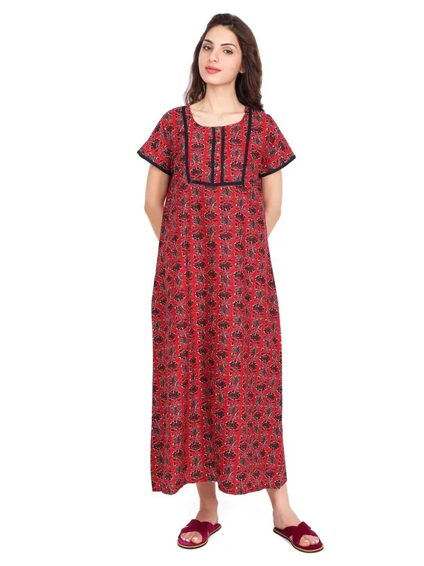 Evolove_Women's_Dark_Red_100%_Cotton_Printed_Button_Down_Long_Nighty_|_Soft_Breathable_Floral_Printed_Full_Length_Night_Gown_with_Yoke_Piping_|_Comfortable_Sleepwear_&_Home_Wear_|_Coconut_Buttons
