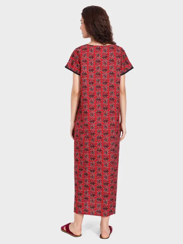 Evolove_Women's_Dark_Red_100%_Cotton_Printed_Button_Down_Long_Nighty_|_Soft_Breathable_Floral_Printed_Full_Length_Night_Gown_with_Yoke_Piping_|_Comfortable_Sleepwear_&_Home_Wear_|_Coconut_Buttons