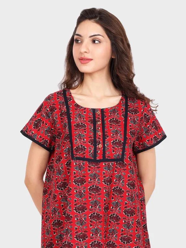 Evolove_Women's_Dark_Red_100%_Cotton_Printed_Button_Down_Long_Nighty_|_Soft_Breathable_Floral_Printed_Full_Length_Night_Gown_with_Yoke_Piping_|_Comfortable_Sleepwear_&_Home_Wear_|_Coconut_Buttons