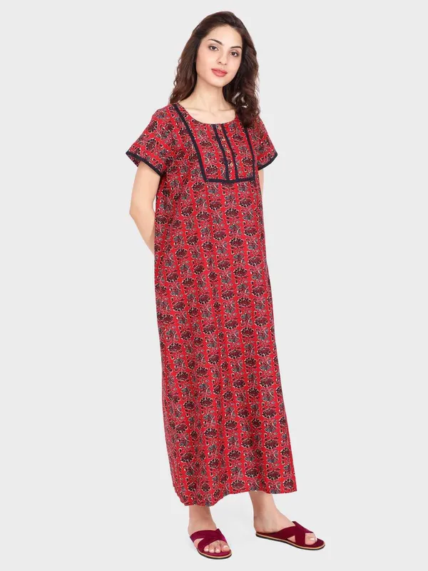 Evolove_Women's_Dark_Red_100%_Cotton_Printed_Button_Down_Long_Nighty_|_Soft_Breathable_Floral_Printed_Full_Length_Night_Gown_with_Yoke_Piping_|_Comfortable_Sleepwear_&_Home_Wear_|_Coconut_Buttons