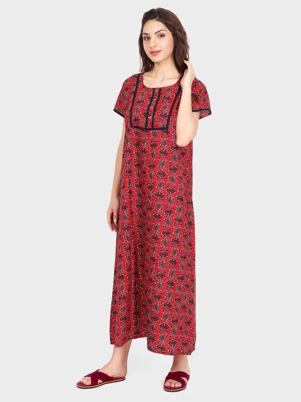 Evolove_Women's_Dark_Red_100%_Cotton_Printed_Button_Down_Long_Nighty_|_Soft_Breathable_Floral_Printed_Full_Length_Night_Gown_with_Yoke_Piping_|_Comfortable_Sleepwear_&_Home_Wear_|_Coconut_Buttons