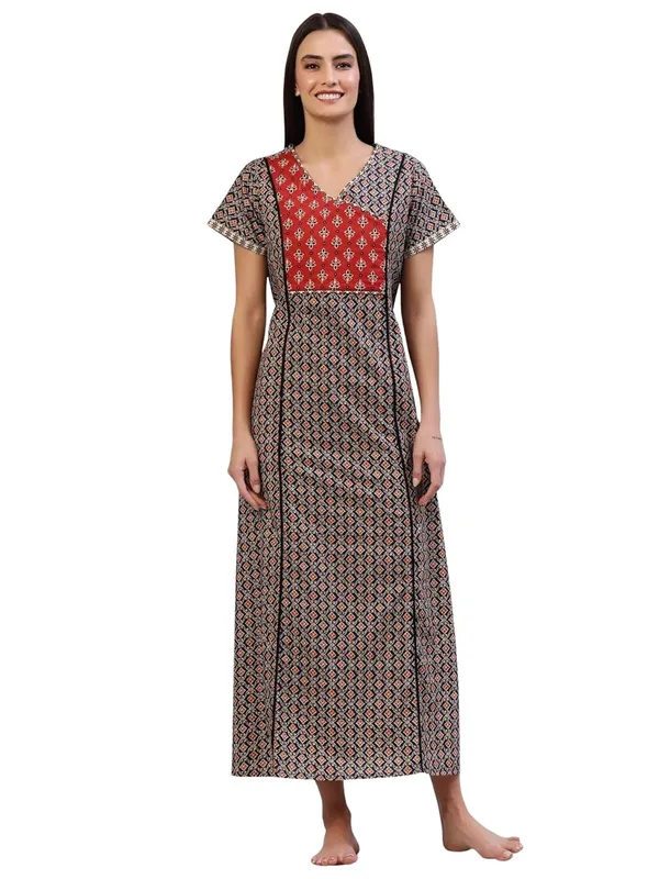 Evolove_Cotton_Nighty_Maxi_For_Women_With_Side_Pocket_|Contrast_Yoke_Patch_Print_|_V-Neck_Printed_Short_Sleeves_Full_Length_Night_Wear_Gown_Denim_Blue_(Angrakha_Style)