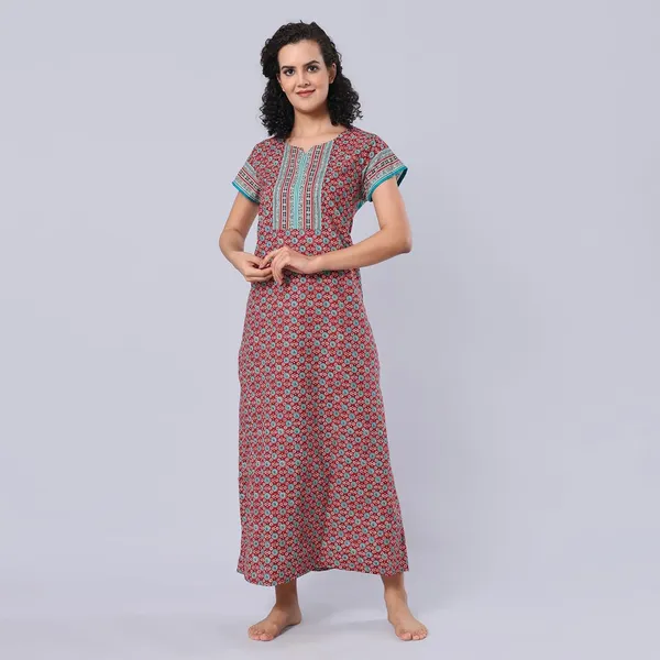 Red_Cotton_Short_Sleeves_Long_Maxi_Night_Gown