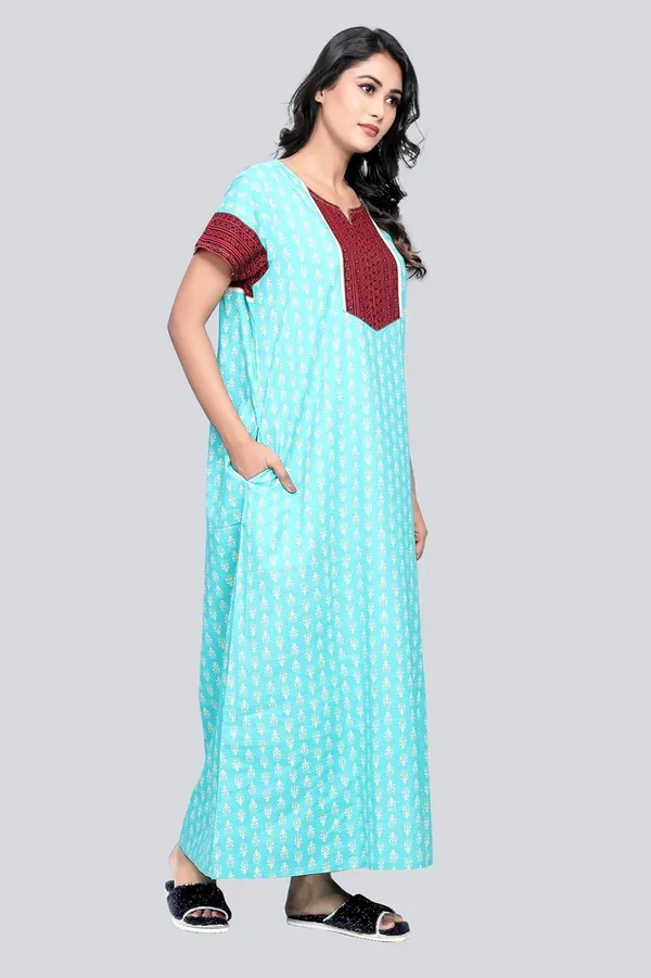 Evolove_Women'S_Cotton_Long_Maxi_Night_Gown_Nighty_Dress_With_Pocket,_Super_Soft_Comfortable,_Contrast_Yoke_Patch_(Sea_Blue)
