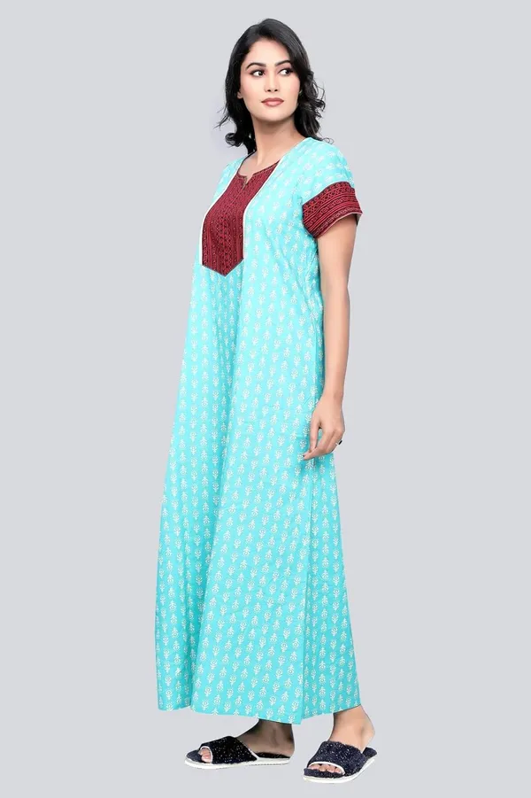 Evolove_Women'S_Cotton_Long_Maxi_Night_Gown_Nighty_Dress_With_Pocket,_Super_Soft_Comfortable,_Contrast_Yoke_Patch_(Sea_Blue)