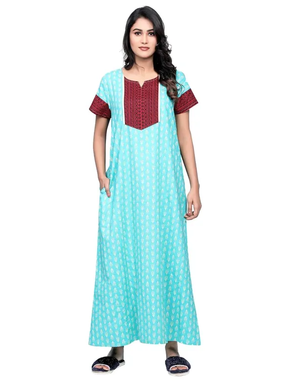 Evolove_Women'S_Cotton_Long_Maxi_Night_Gown_Nighty_Dress_With_Pocket,_Super_Soft_Comfortable,_Contrast_Yoke_Patch_(Sea_Blue)
