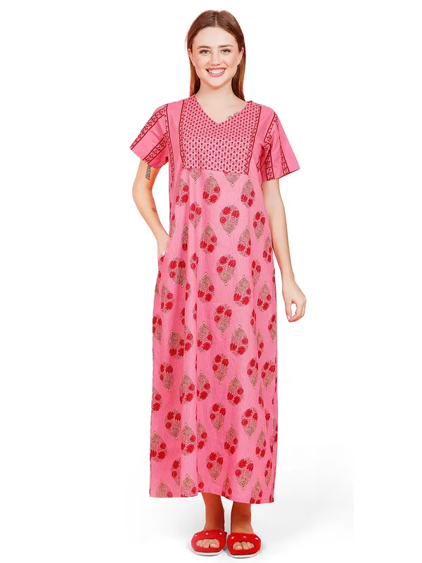 Evolove_Cotton_Nighty_Maxi_For_Women_With_Side_Pocket_|_Printed_Full_Length_Night_Wear_Gown_Short_Sleeves_Dark_Pink_Medium