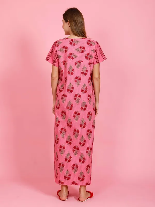 Evolove_Cotton_Nighty_Maxi_For_Women_With_Side_Pocket_|_Printed_Full_Length_Night_Wear_Gown_Short_Sleeves_Dark_Pink_Medium
