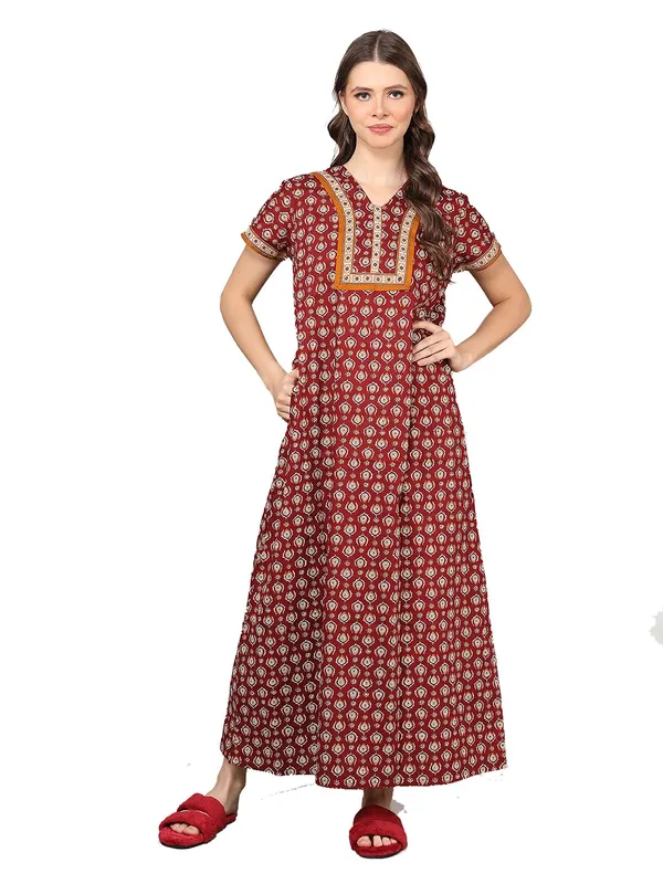 Rust_Cotton_Maxi_Nighty_|_Printed_Short_Sleeves_Full_Length_Night_Gown