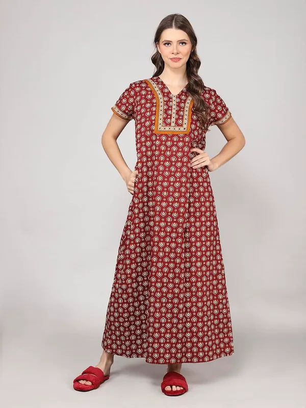 Rust_Cotton_Maxi_Nighty_|_Printed_Short_Sleeves_Full_Length_Night_Gown
