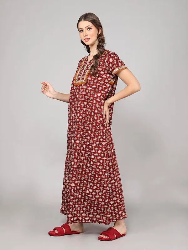 Rust_Cotton_Maxi_Nighty_|_Printed_Short_Sleeves_Full_Length_Night_Gown