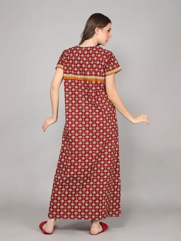 Rust_Cotton_Maxi_Nighty_|_Printed_Short_Sleeves_Full_Length_Night_Gown