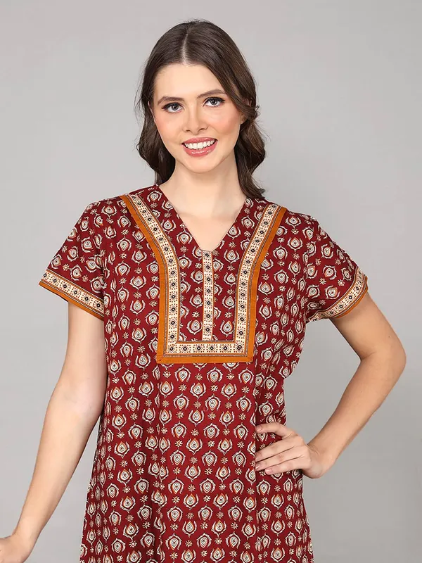 Rust_Cotton_Maxi_Nighty_|_Printed_Short_Sleeves_Full_Length_Night_Gown