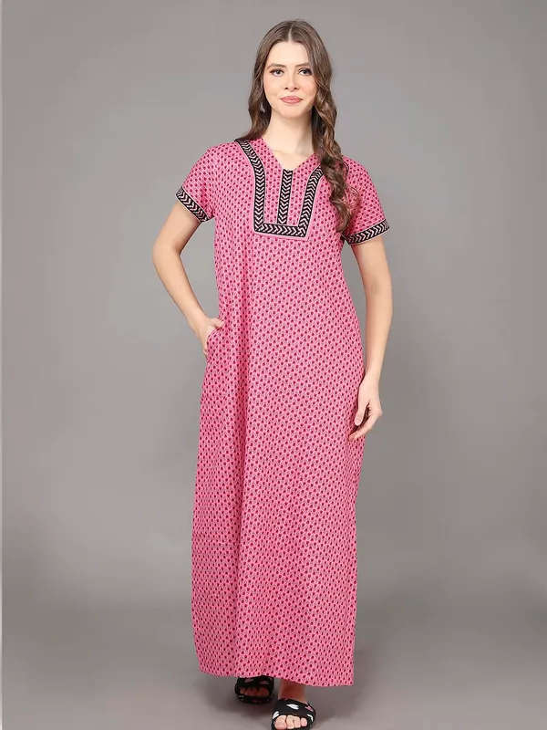 Pink_Cotton_Maxi_Nighty_|_Printed_Short_Sleeves_Full_Length_Night_Gown