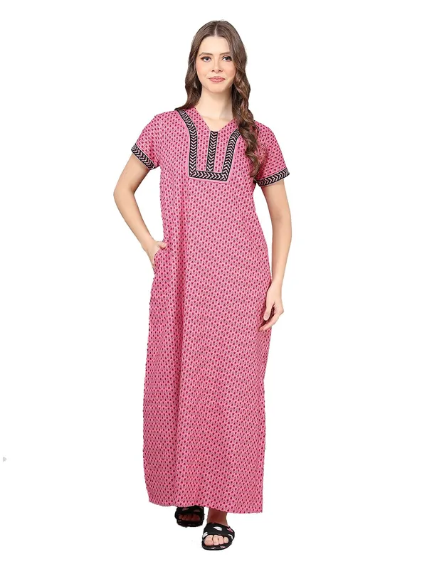Pink_Cotton_Maxi_Nighty_|_Printed_Short_Sleeves_Full_Length_Night_Gown