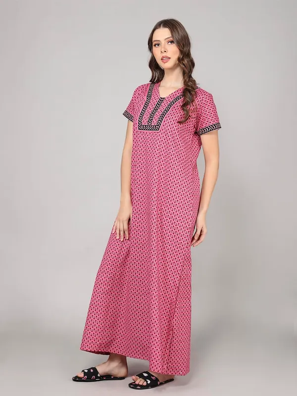 Pink_Cotton_Maxi_Nighty_|_Printed_Short_Sleeves_Full_Length_Night_Gown
