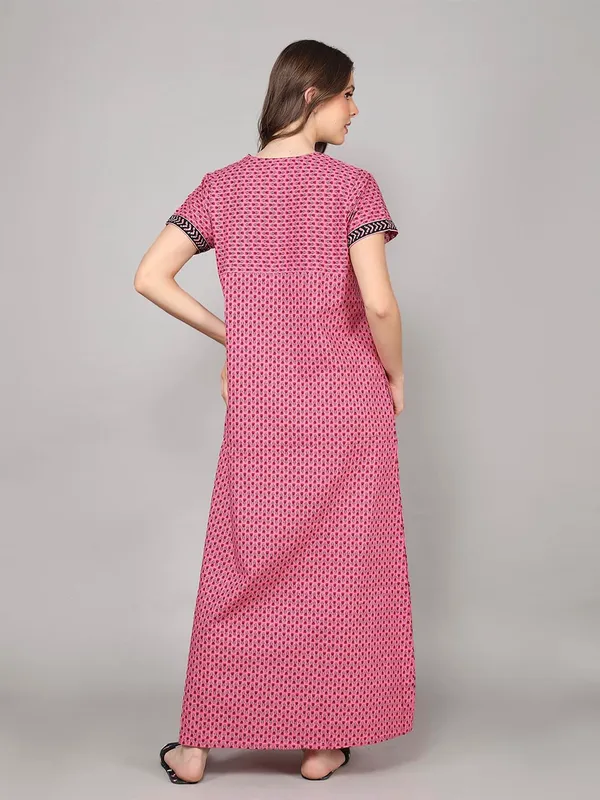 Pink_Cotton_Maxi_Nighty_|_Printed_Short_Sleeves_Full_Length_Night_Gown
