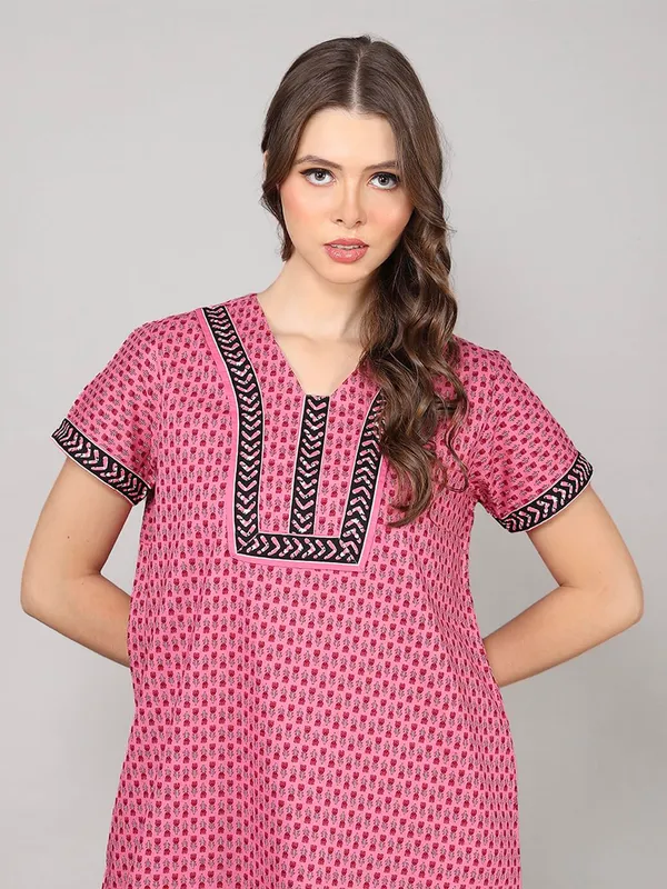Pink_Cotton_Maxi_Nighty_|_Printed_Short_Sleeves_Full_Length_Night_Gown