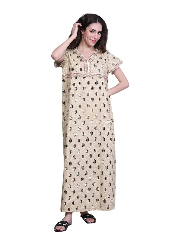 Yellow_Cotton_Maxi_Nighty_|_Round_Neck_Printed_Short_Sleeves_Full_Length_Night_Gown
