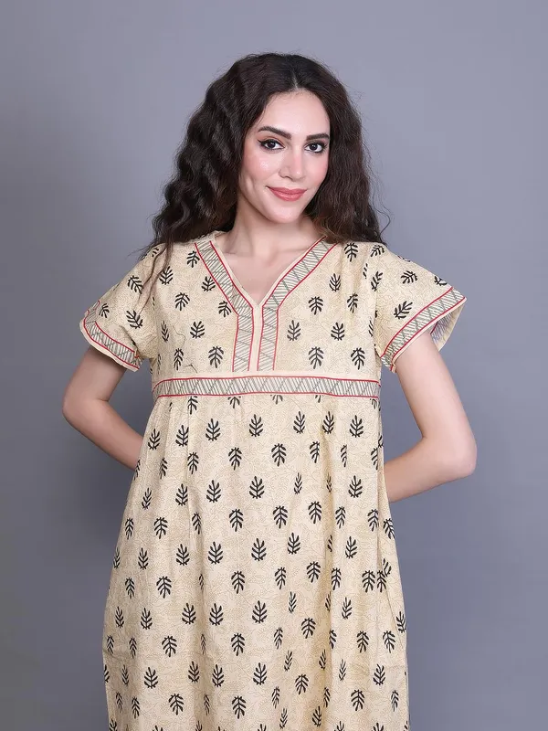 Yellow_Cotton_Maxi_Nighty_|_Round_Neck_Printed_Short_Sleeves_Full_Length_Night_Gown
