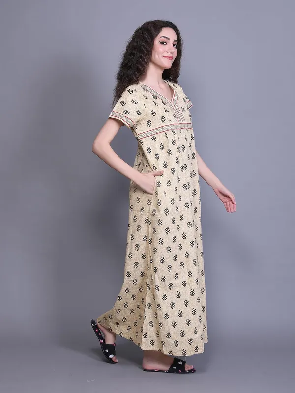 Yellow_Cotton_Maxi_Nighty_|_Round_Neck_Printed_Short_Sleeves_Full_Length_Night_Gown