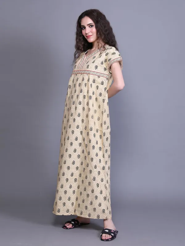 Yellow_Cotton_Maxi_Nighty_|_Round_Neck_Printed_Short_Sleeves_Full_Length_Night_Gown