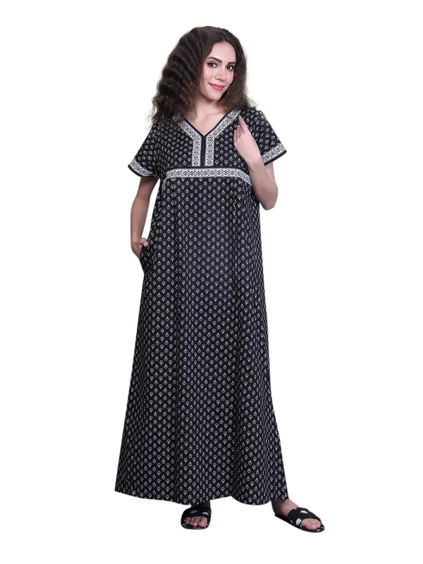 Black_Cotton_Maxi_Nighty_|_Round_Neck_Printed_Short_Sleeves_Full_Length_Night_Gown