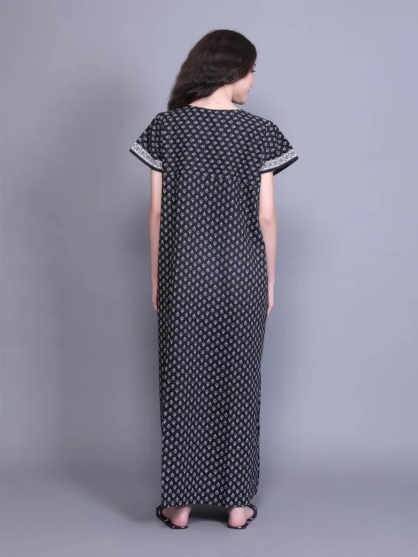 Black_Cotton_Maxi_Nighty_|_Round_Neck_Printed_Short_Sleeves_Full_Length_Night_Gown