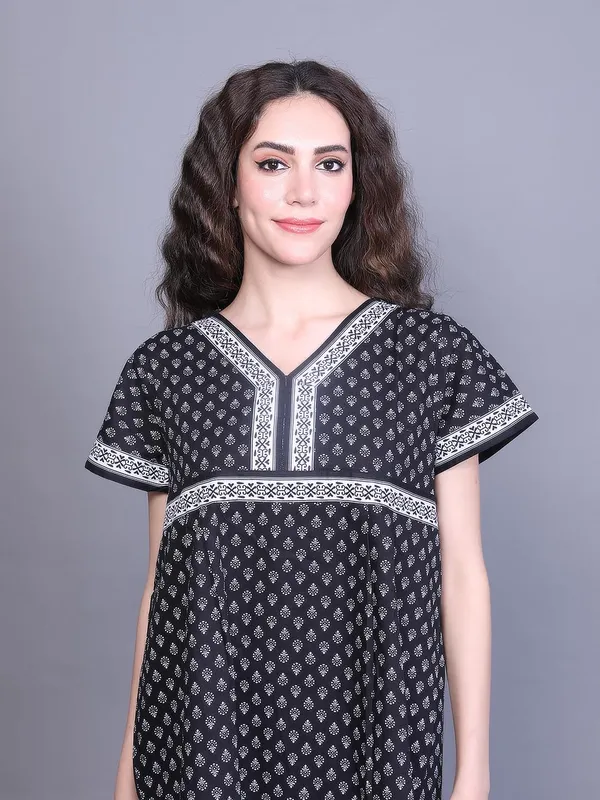 Black_Cotton_Maxi_Nighty_|_Round_Neck_Printed_Short_Sleeves_Full_Length_Night_Gown