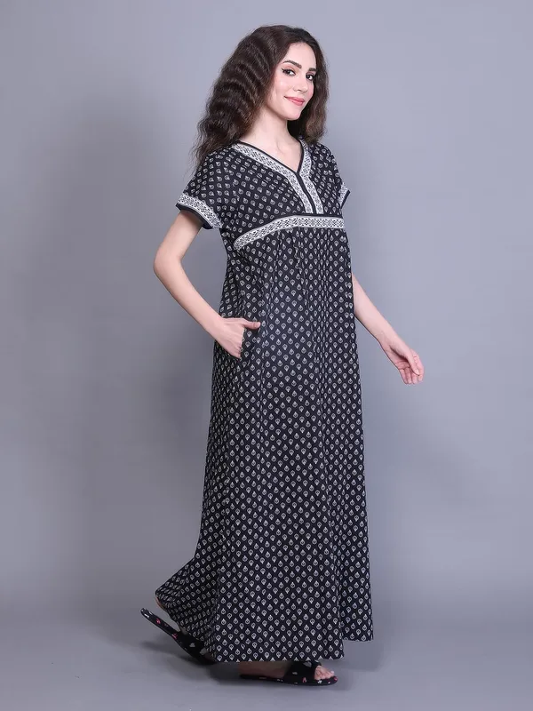 Black_Cotton_Maxi_Nighty_|_Round_Neck_Printed_Short_Sleeves_Full_Length_Night_Gown