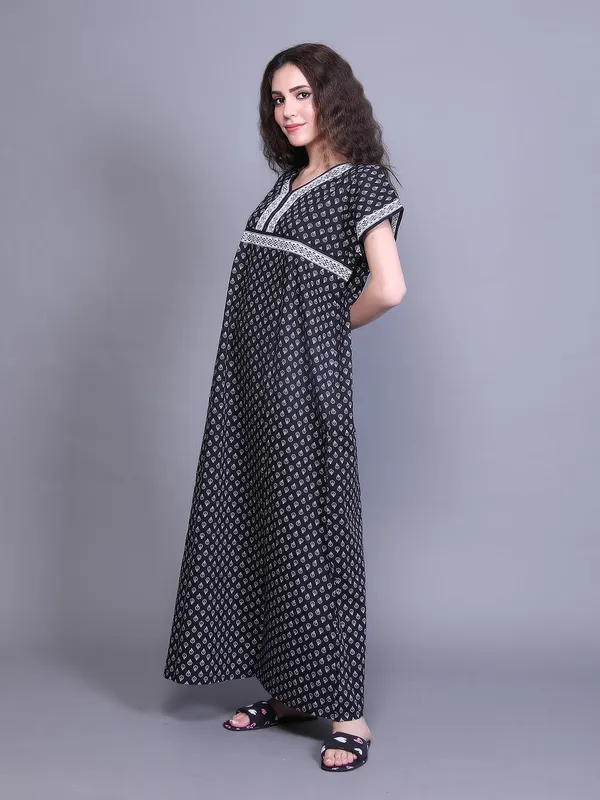 Black_Cotton_Maxi_Nighty_|_Round_Neck_Printed_Short_Sleeves_Full_Length_Night_Gown