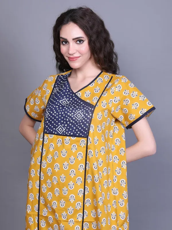 Evolove_Cotton_Nighty_Maxi_For_Women_With_Side_Pocket_|_V-Neck_Printed_Short_Sleeves_Full_Length_Night_Wear_Gown_Dark_Yellow_X-Large