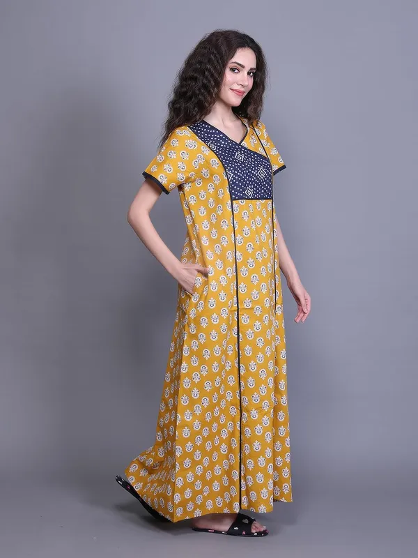 Evolove_Cotton_Nighty_Maxi_For_Women_With_Side_Pocket_|_V-Neck_Printed_Short_Sleeves_Full_Length_Night_Wear_Gown_Dark_Yellow_X-Large