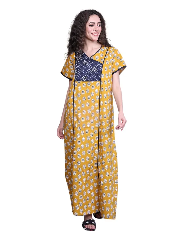 Evolove_Cotton_Nighty_Maxi_For_Women_With_Side_Pocket_|_V-Neck_Printed_Short_Sleeves_Full_Length_Night_Wear_Gown_Dark_Yellow_X-Large