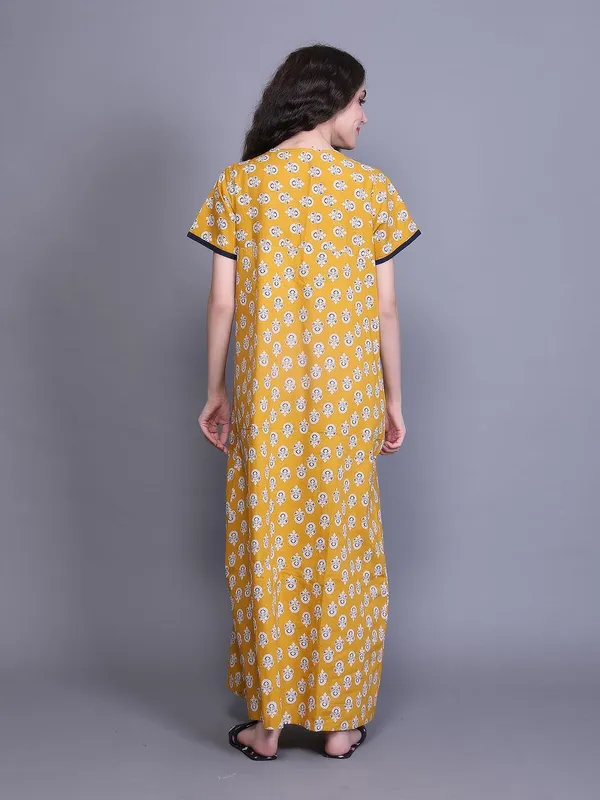Evolove_Cotton_Nighty_Maxi_For_Women_With_Side_Pocket_|_V-Neck_Printed_Short_Sleeves_Full_Length_Night_Wear_Gown_Dark_Yellow_X-Large