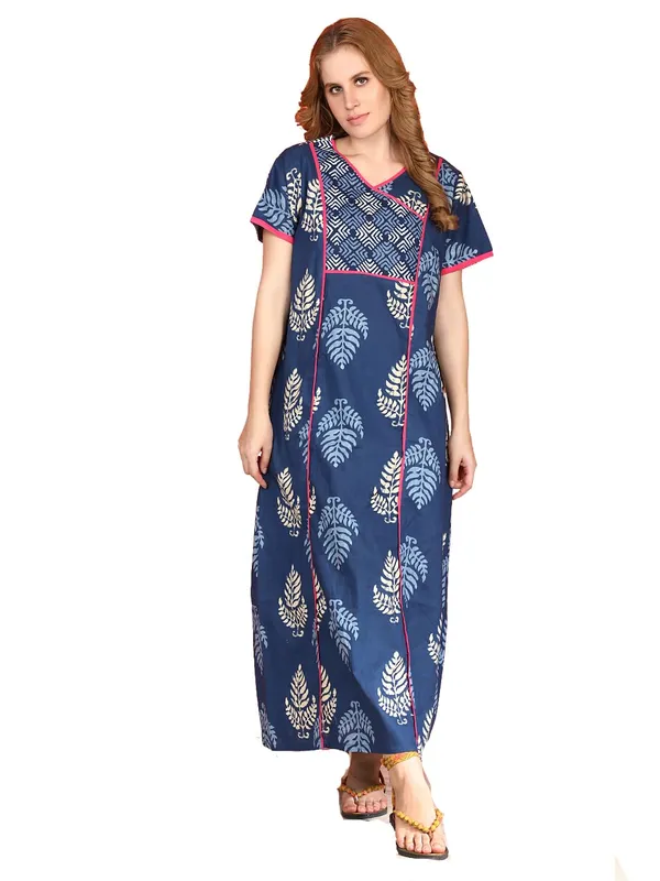 Evolove_Cotton_Nighty_Maxi_For_Women_With_Side_Pocket_|_V-Neck_Printed_Short_Sleeves_Full_Length_Night_Wear_Gown_Blue_(Angrakha_Style)