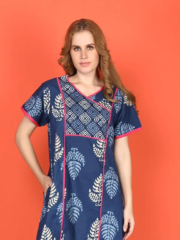 Evolove_Cotton_Nighty_Maxi_For_Women_With_Side_Pocket_|_V-Neck_Printed_Short_Sleeves_Full_Length_Night_Wear_Gown_Blue_(Angrakha_Style)