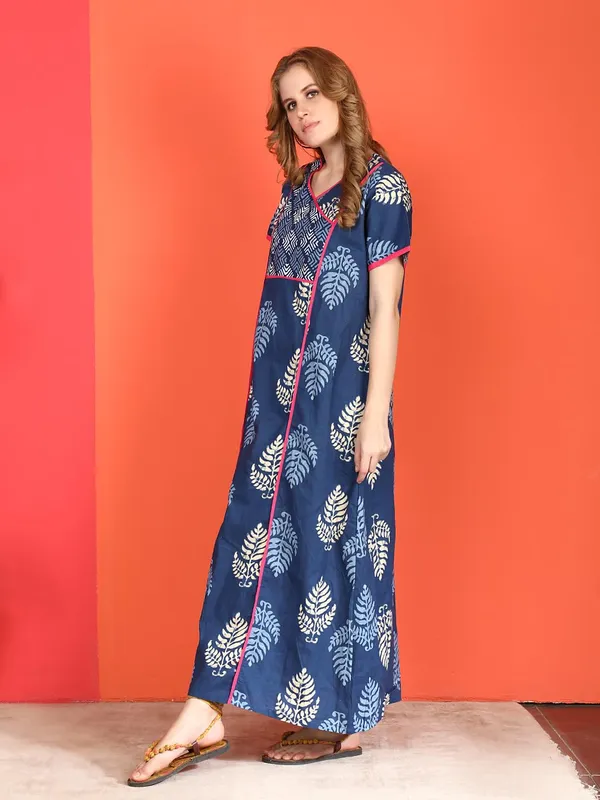 Evolove_Cotton_Nighty_Maxi_For_Women_With_Side_Pocket_|_V-Neck_Printed_Short_Sleeves_Full_Length_Night_Wear_Gown_Blue_(Angrakha_Style)