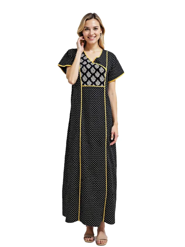 Evolove_Cotton_Nighty_Maxi_For_Women_With_Side_Pocket_|_V-Neck_Short_Sleeves_Printed_Full_Length_Night_Wear_Gown_Black_X-Large