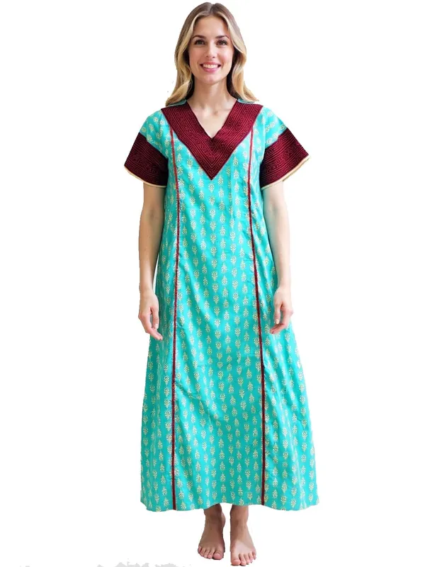 Teal_Cotton_Maxi_Nighty_|_V_Neck_Printed_Short_Sleeves_Full_Length_Night_Gown