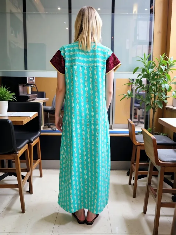 Teal_Cotton_Maxi_Nighty_|_V_Neck_Printed_Short_Sleeves_Full_Length_Night_Gown