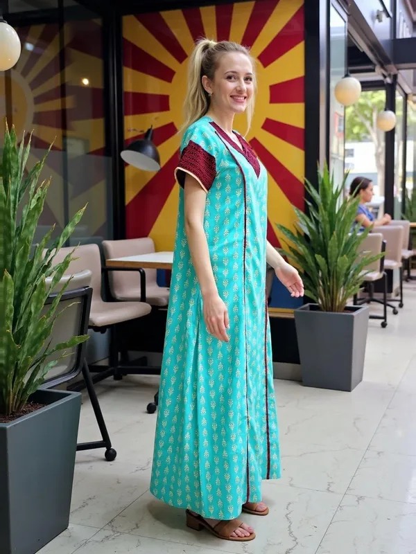 Teal_Cotton_Maxi_Nighty_|_V_Neck_Printed_Short_Sleeves_Full_Length_Night_Gown