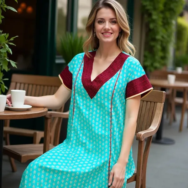 Teal_Cotton_Maxi_Nighty_|_V_Neck_Printed_Short_Sleeves_Full_Length_Night_Gown