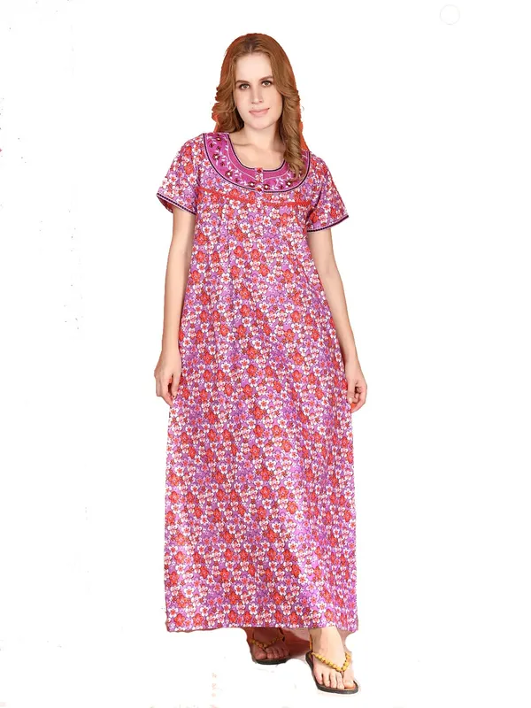 Evolove_Cotton_Nighty_Maxi_For_Women_With_Side_Pocket_|_Round_Neck_Printed_Short_Sleeves_Full_Length_Night_Wear_Gown_Light_Lavender_X-Large