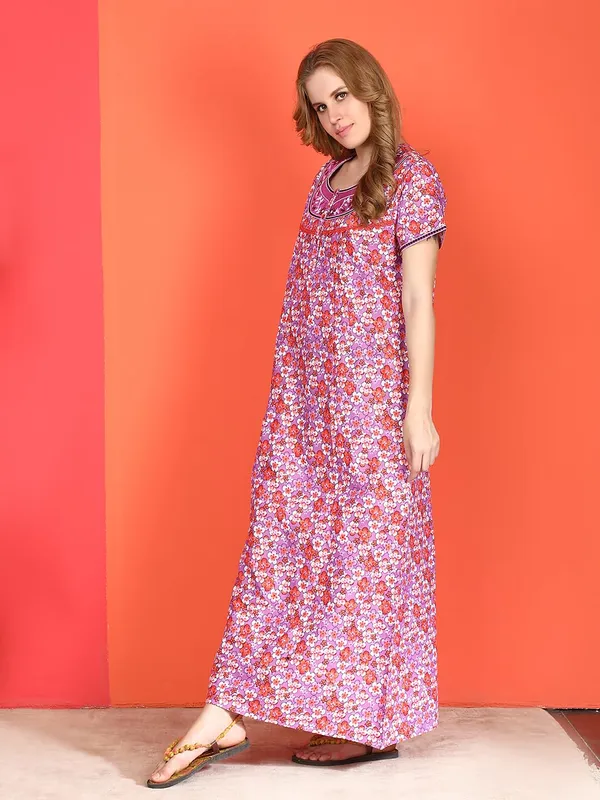 Evolove_Cotton_Nighty_Maxi_For_Women_With_Side_Pocket_|_Round_Neck_Printed_Short_Sleeves_Full_Length_Night_Wear_Gown_Light_Lavender_X-Large