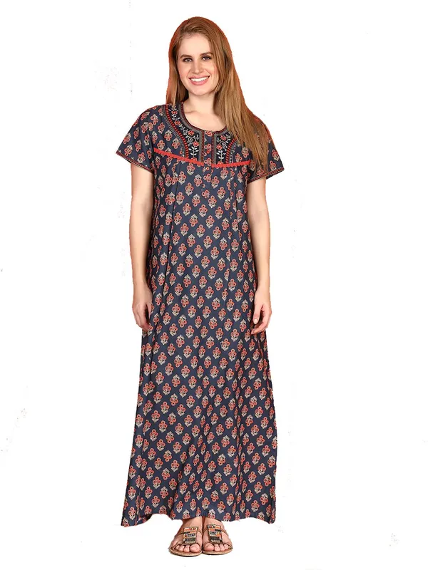 Evolove_Cotton_Nighty_Maxi_For_Women_With_Side_Pocket_|_Round_Neck_Printed_Short_Sleeves_Full_Length_Night_Wear_Gown_Navy_X-Large