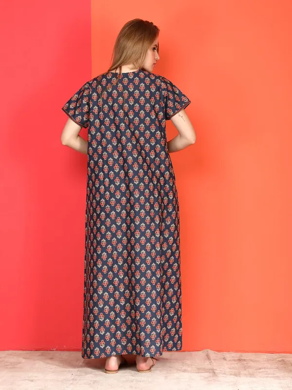 Evolove_Cotton_Nighty_Maxi_For_Women_With_Side_Pocket_|_Round_Neck_Printed_Short_Sleeves_Full_Length_Night_Wear_Gown_Navy_X-Large
